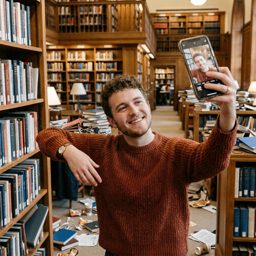Student enjoying selfie in library Young woman in brown sweater taking selfie in library surrounded by bookshelves