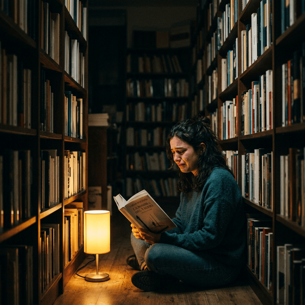 Woman sitting on library floor reading a book with emotional expression