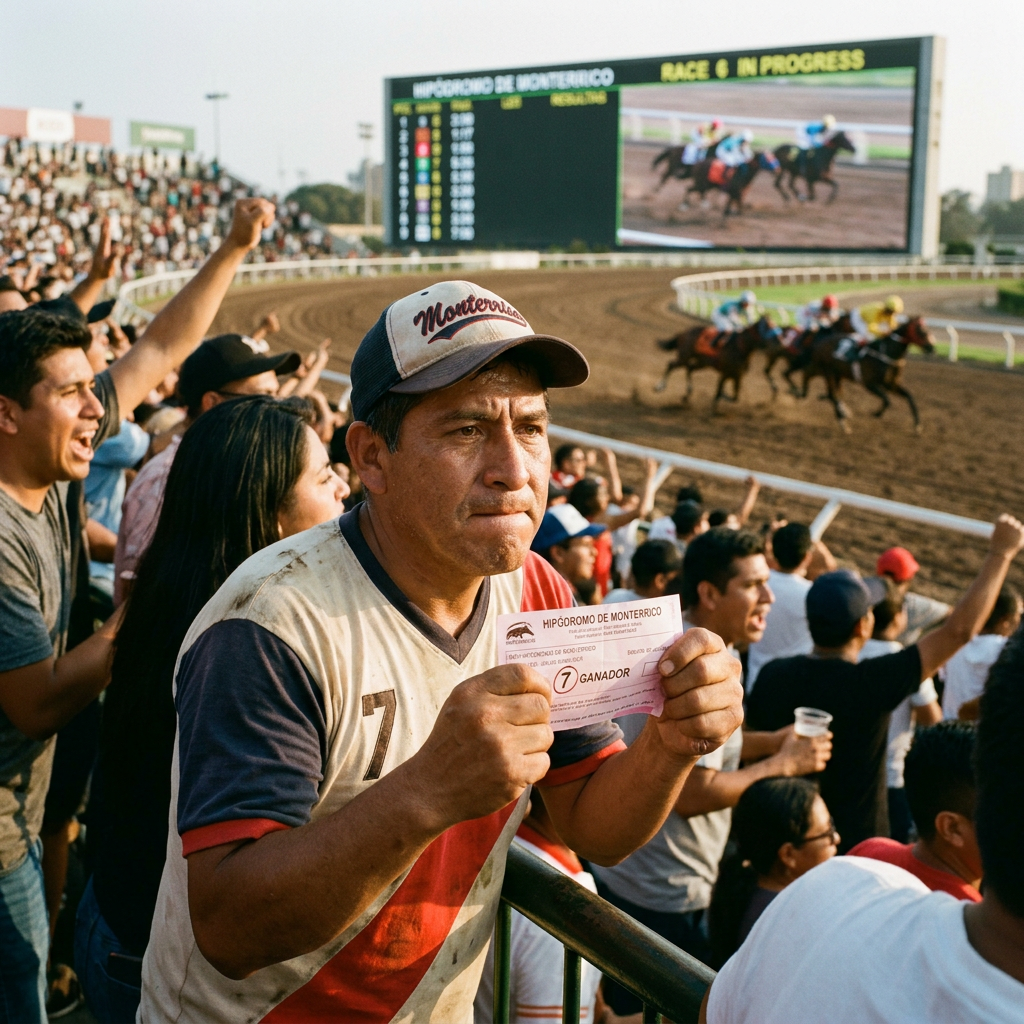 Man holding winning horse race ticket with crowd and race track in background
