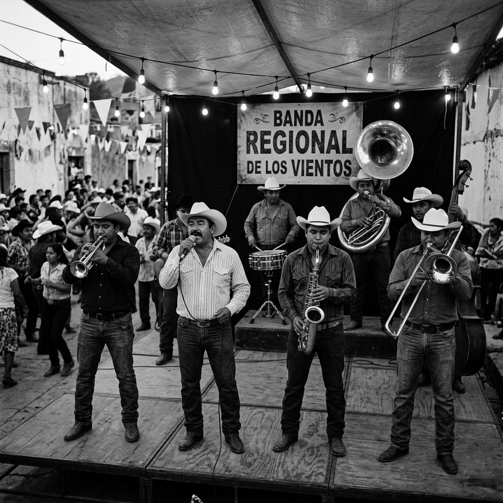 Band playing wind instruments and singing on outdoor stage with audience