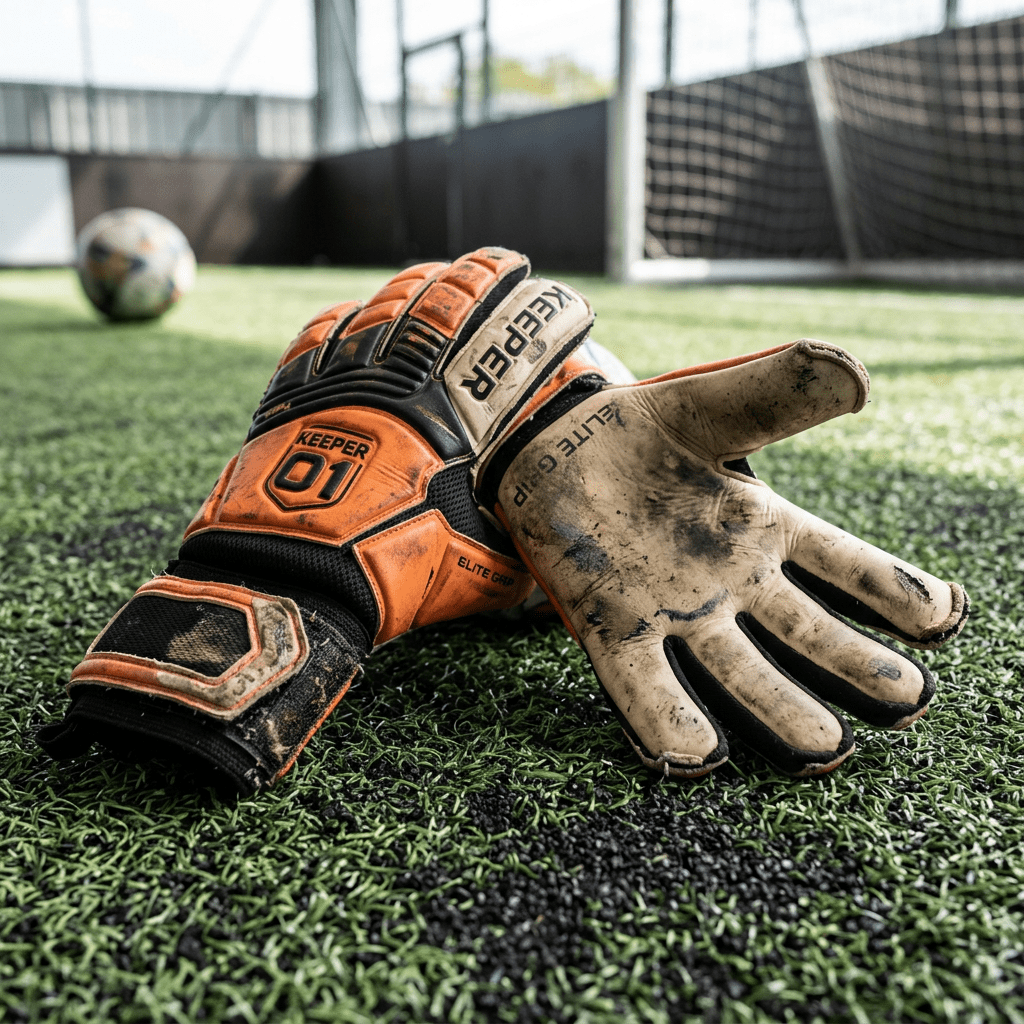 Worn orange and beige goalkeeper gloves on indoor soccer turf