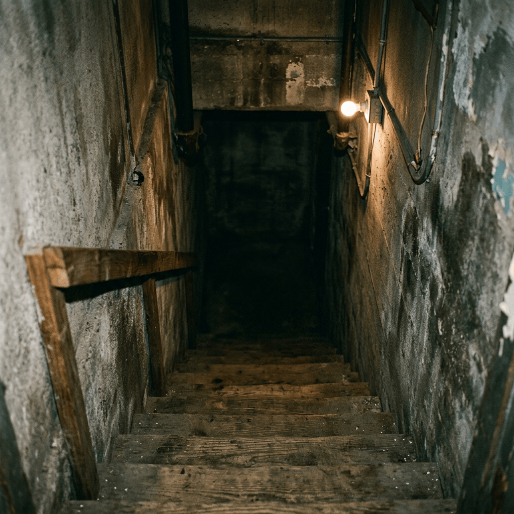 Worn wooden stairs descending into a dark basement under a dim bulb
