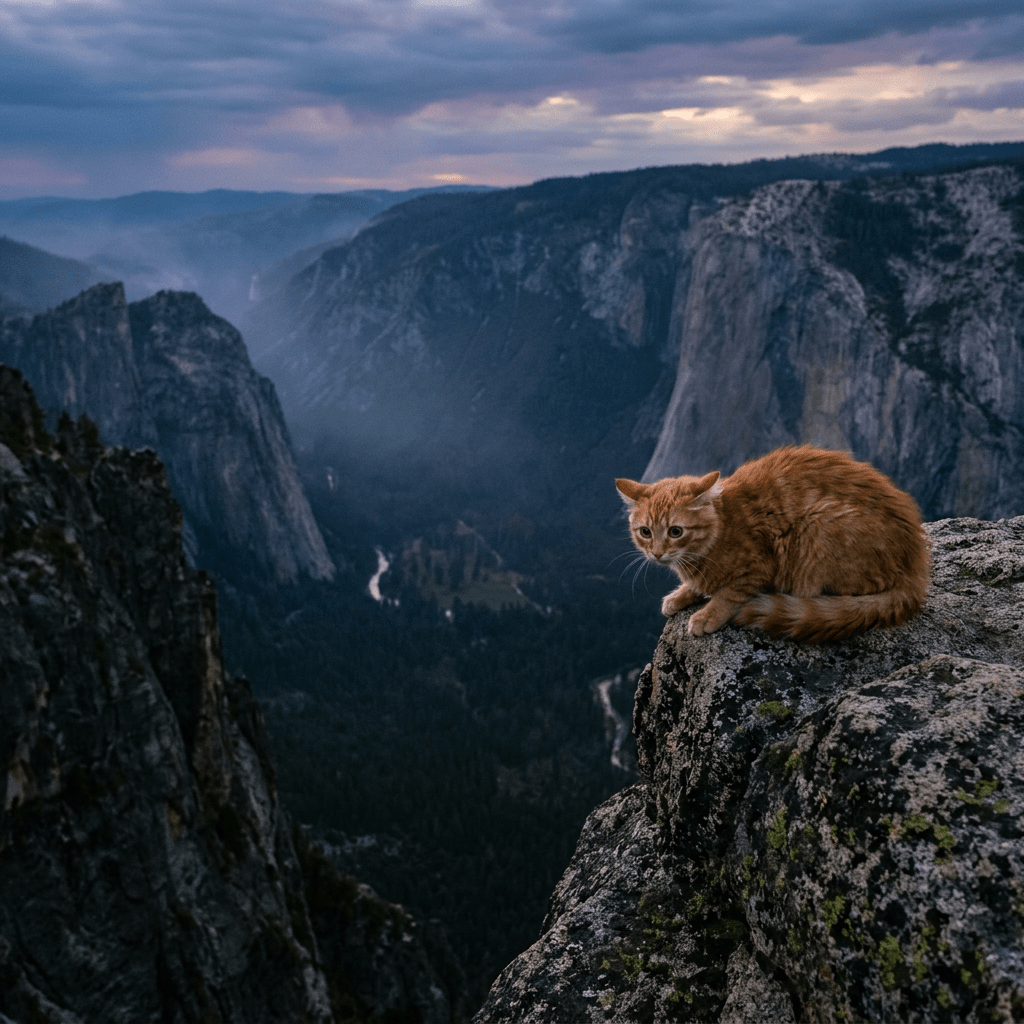 Ginger cat perched on a rocky cliff above a mountain valley