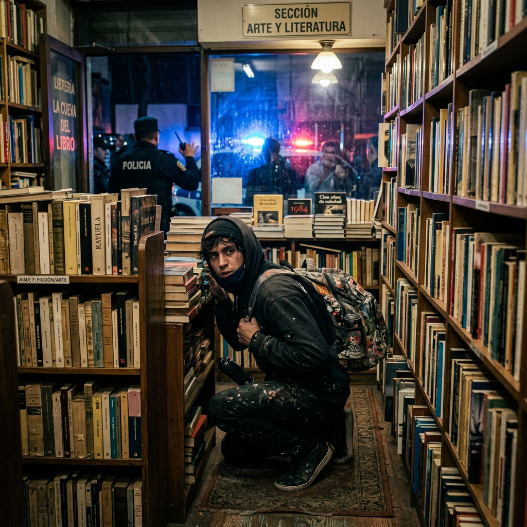 Grafitero escondido en una librería mientras huye